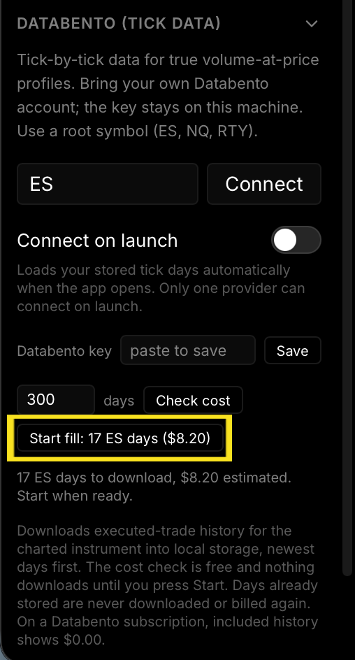The Databento section after checking cost, showing the Start fill button with the day count and price