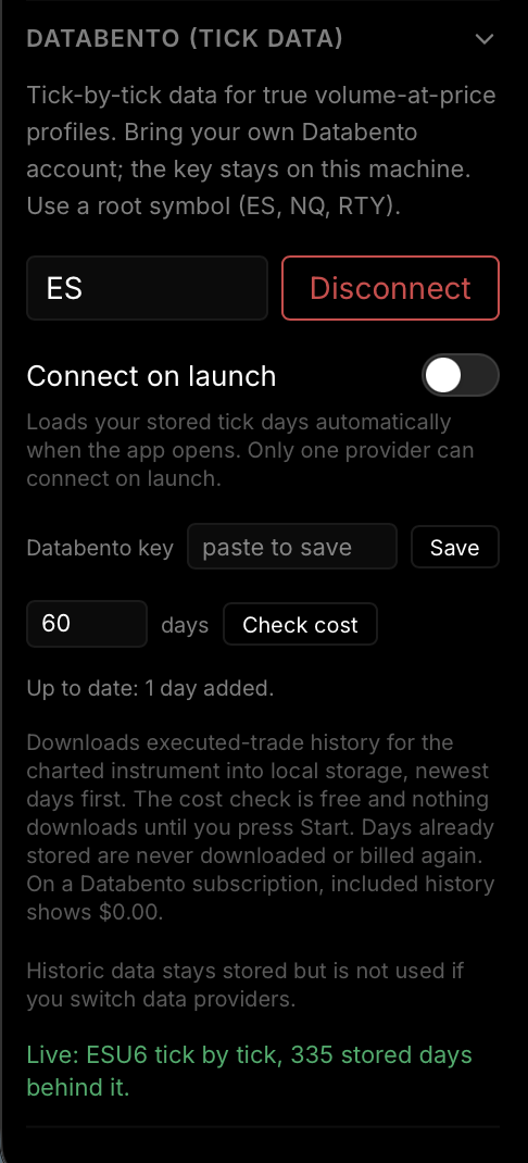 The Databento section connected and live, with the tick by tick status and the Disconnect button