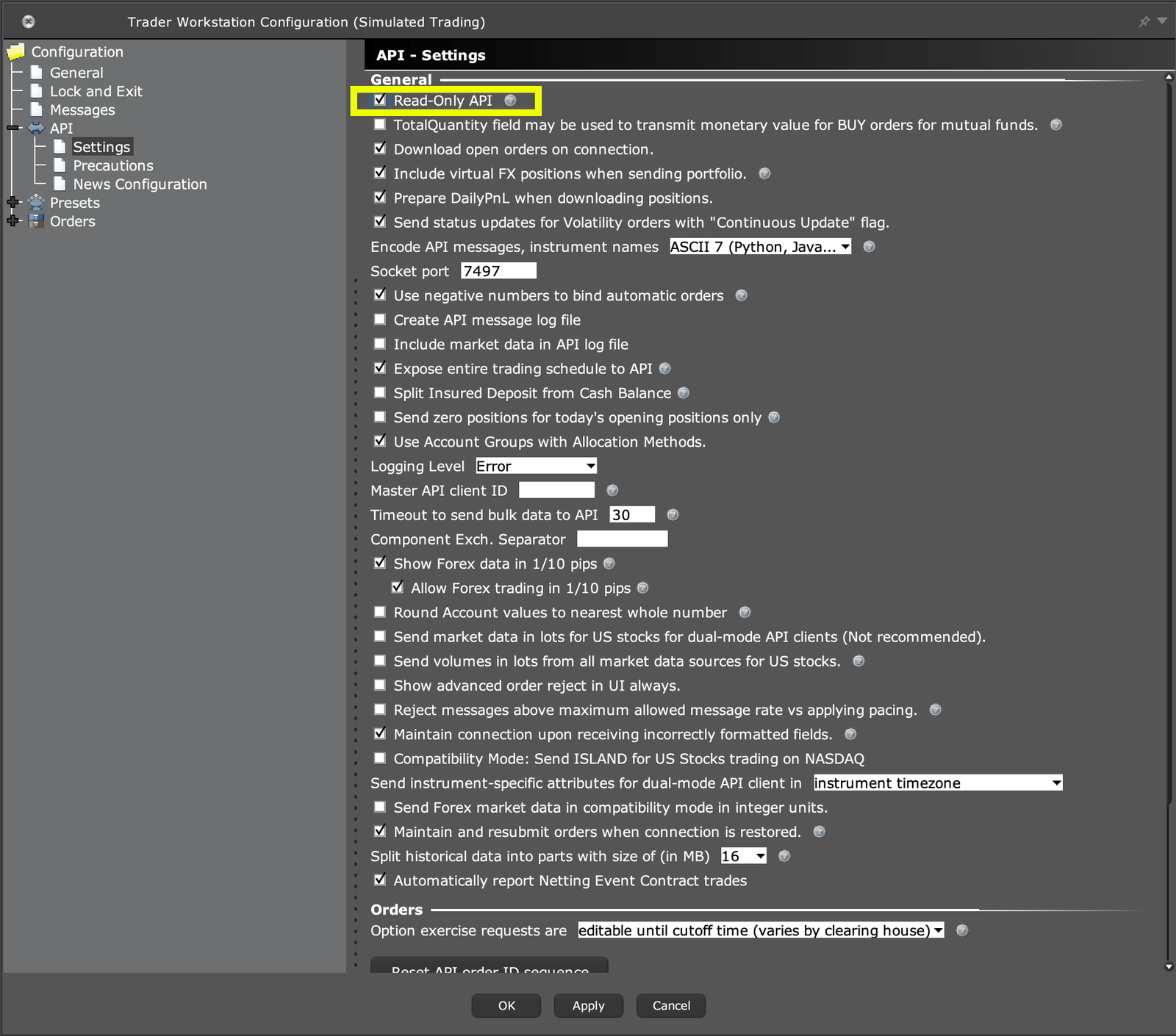 The IB Gateway API Settings screen with Read-Only API ticked. The title bar reads Trader Workstation Configuration, which is expected.