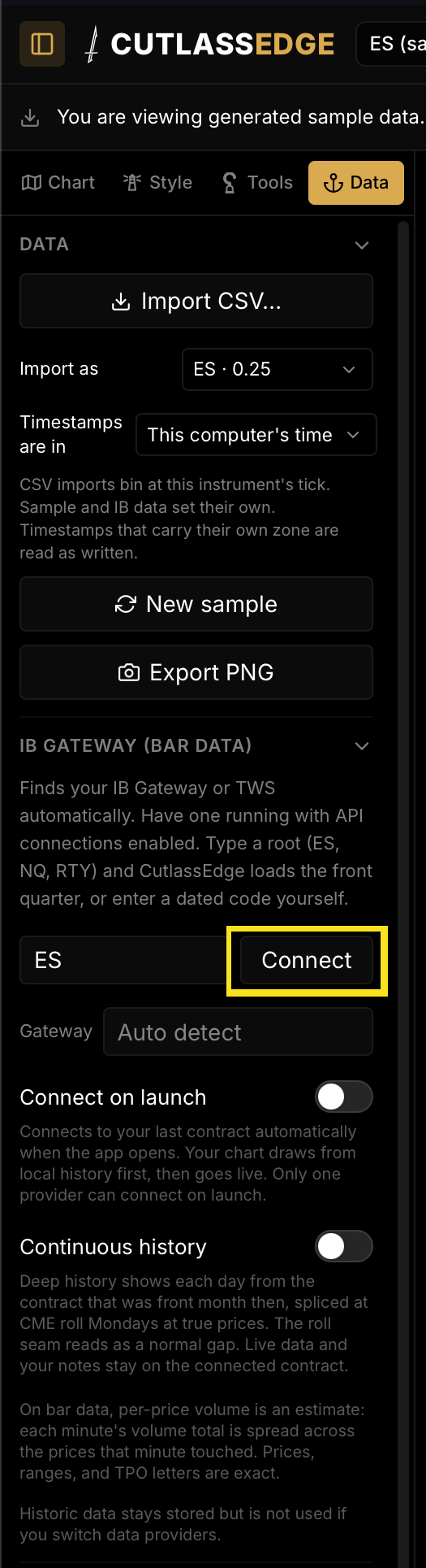 The Data rail open on the IB Gateway (bar data) section, with ES in the box and the Connect button