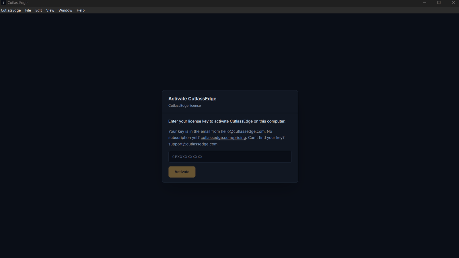The activation screen, with the license key field and the Activate button