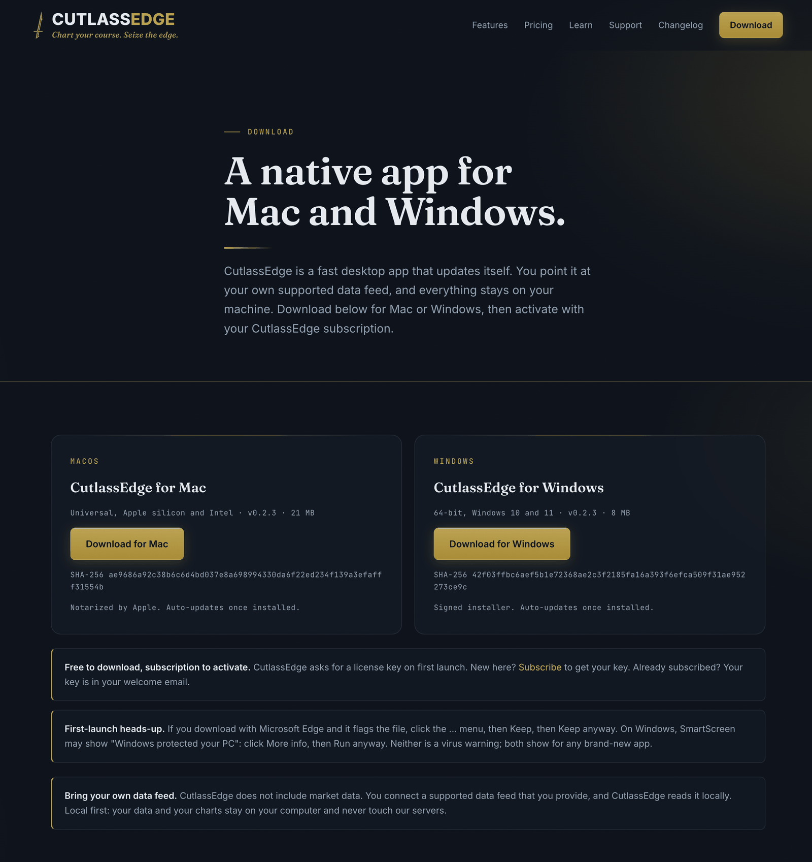 The CutlassEdge download page, with the Download for Mac and Download for Windows buttons