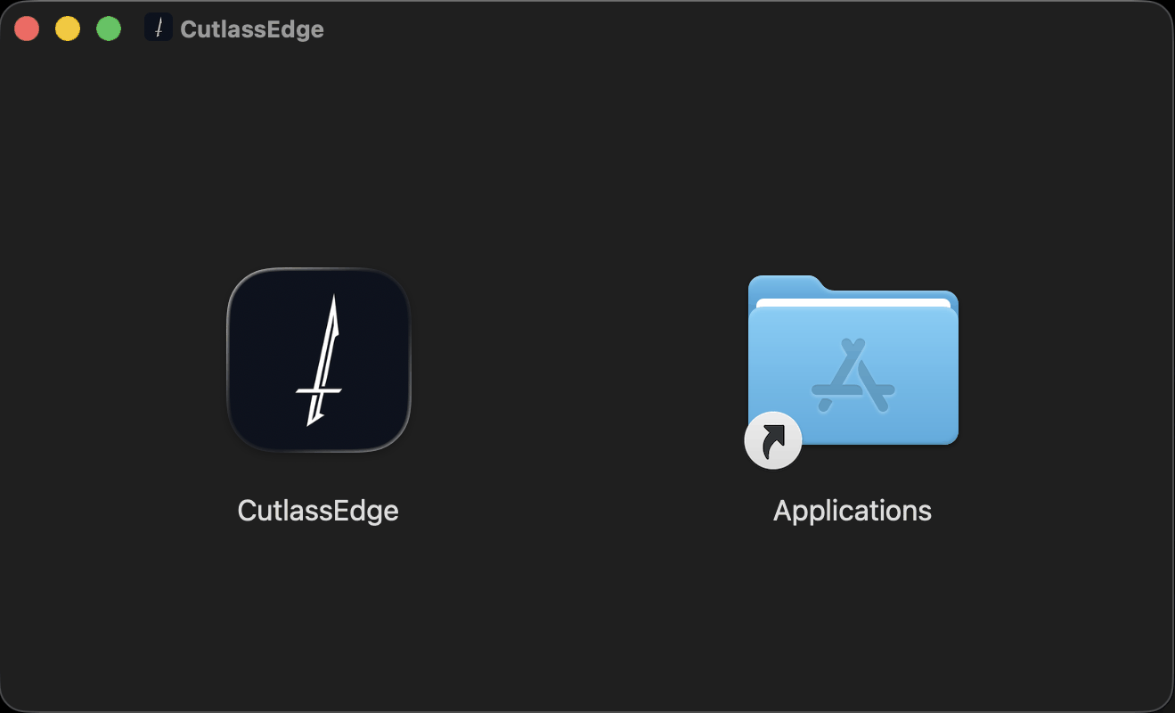 The Mac install window, dragging the CutlassEdge icon onto the Applications folder