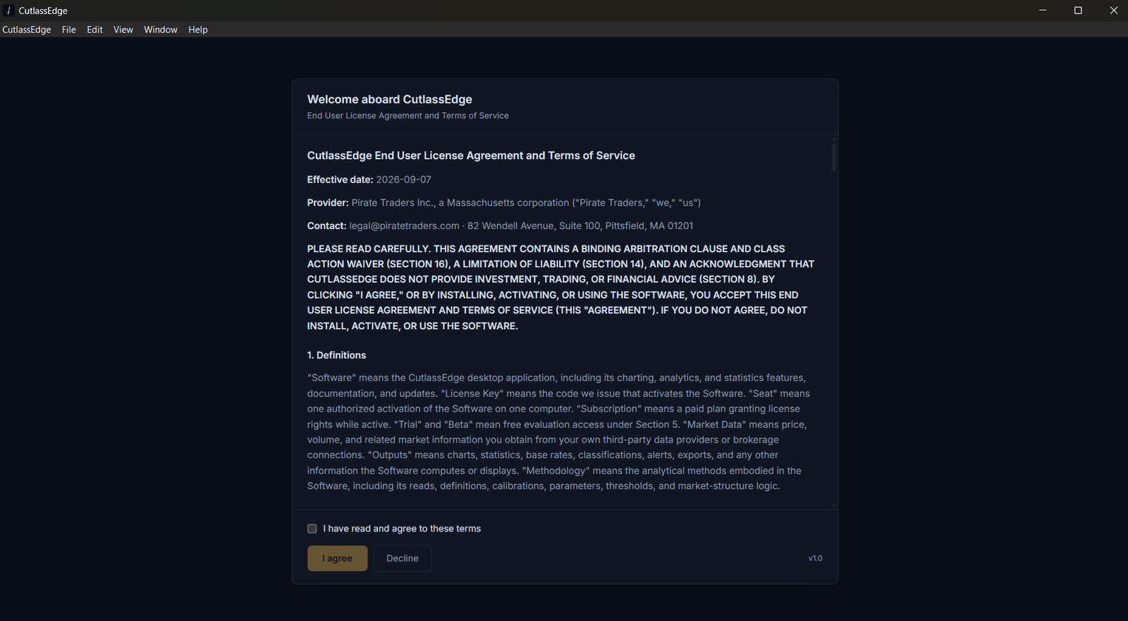 The license agreement screen shown inside the app, with I agree and Decline buttons