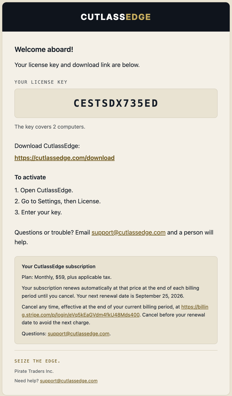 The CutlassEdge welcome email, showing the license key and the download link